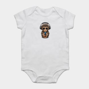 Cute Baby Monkey With Cell Phone Wearing Headphones Baby Bodysuit